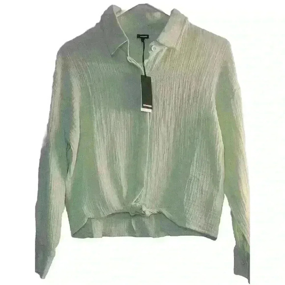 Monrow Top Womens Small Green Twist Front Button Shirt Crinkle Cotton Beach - Picture 1 of 9